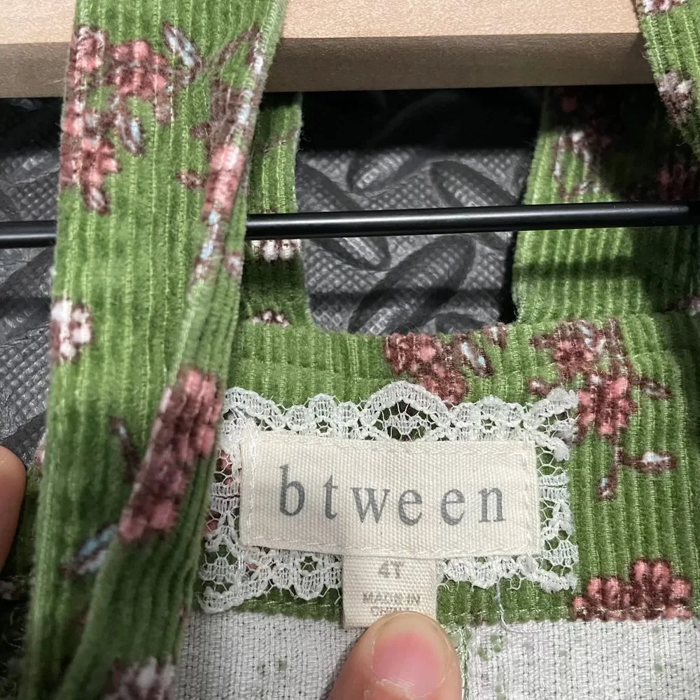 Btween Green Floral Pattern Corduroy Spring‎ Dress Girls Casual Wear Comfort 4T
